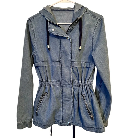 Women’s Vintage Cotton Chambray Zip Jacket With Hood - Picture 1 of 10